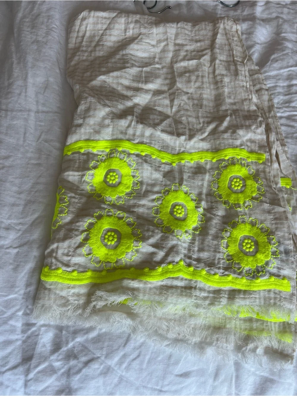 J. Crew Beige Scarf with Neon Yellow Floral Embroidery